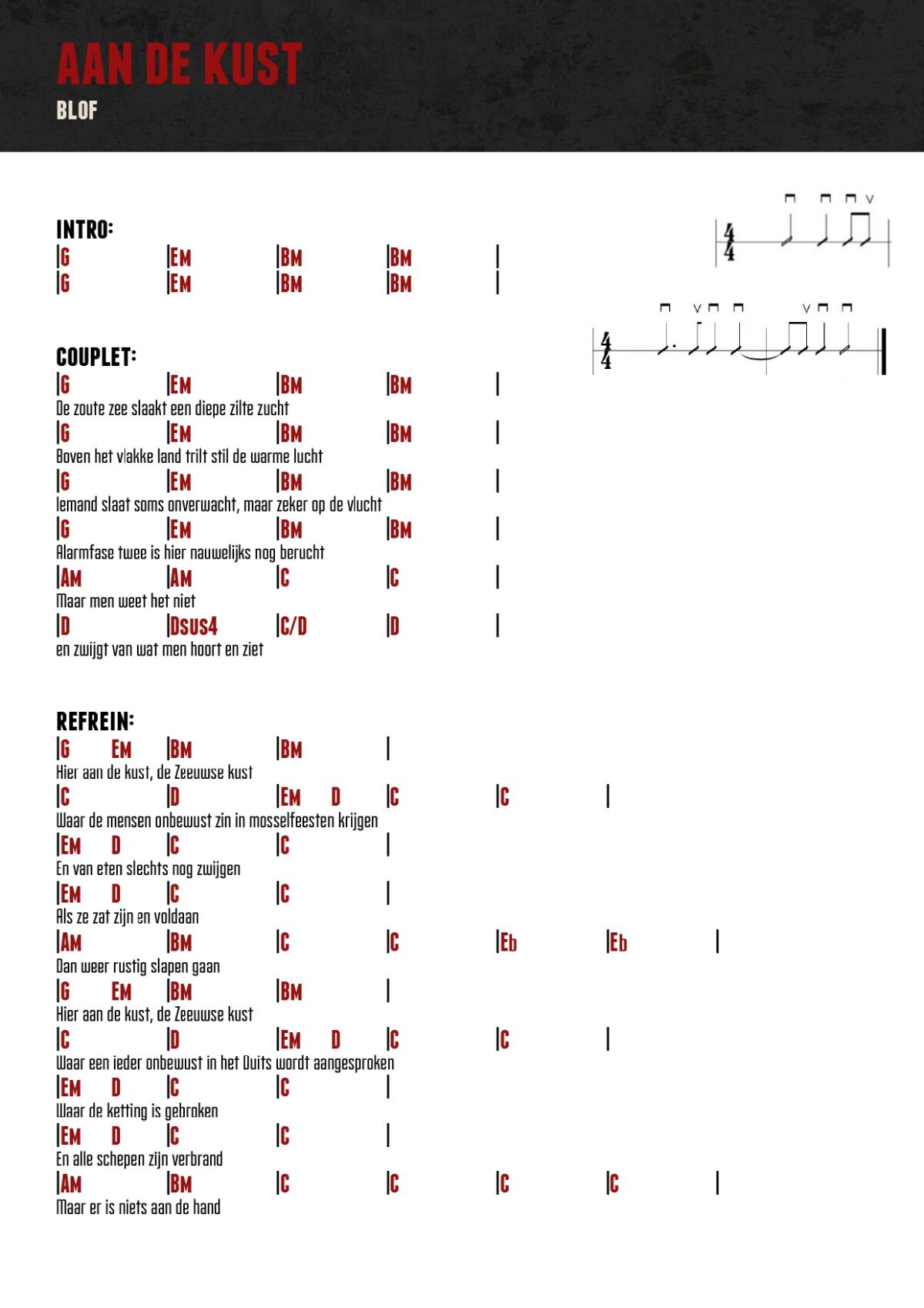 Aan de kust chords